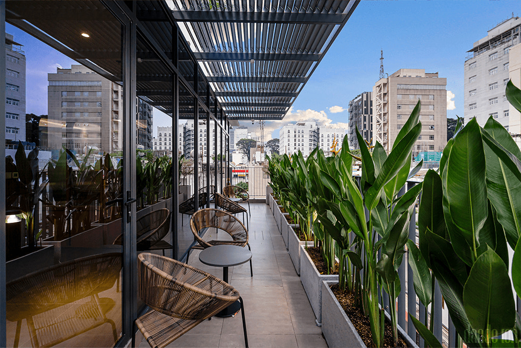 Office balcony relaxation space with greenery